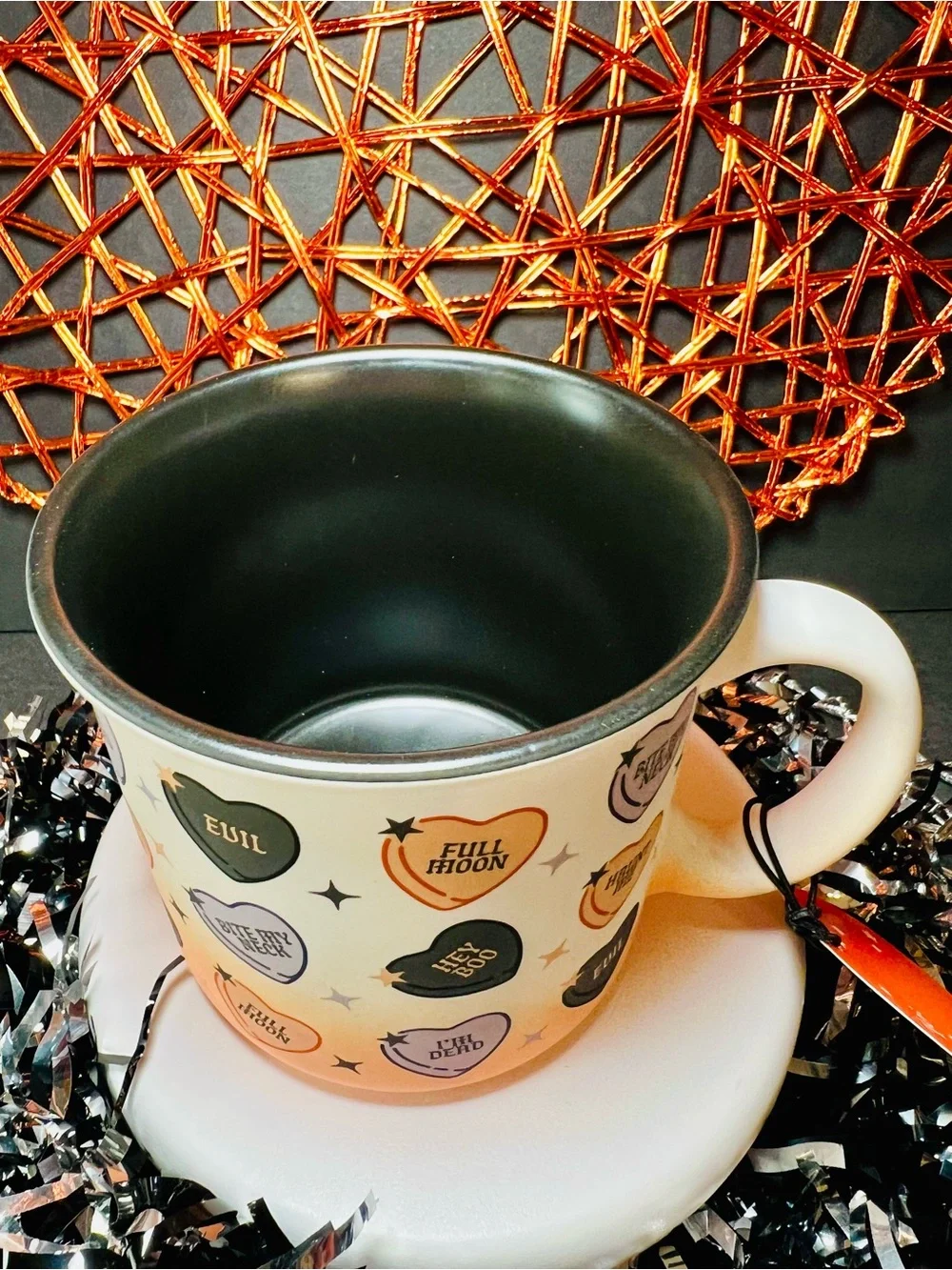 Halloween Conversation Hearts Mug in Orange, Purple & Black Dark Romance Fun